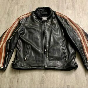 Wilsons Leather Black Moto Jacket with Tan Stripes